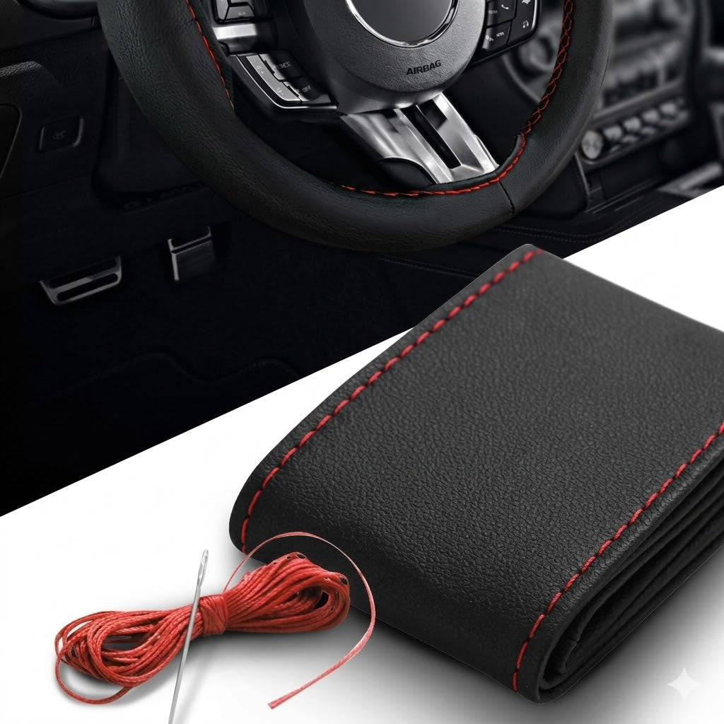 Husa volan din piele ecologica cu ac si ata rosie pentru cusut, 38 cm diametru, negru
