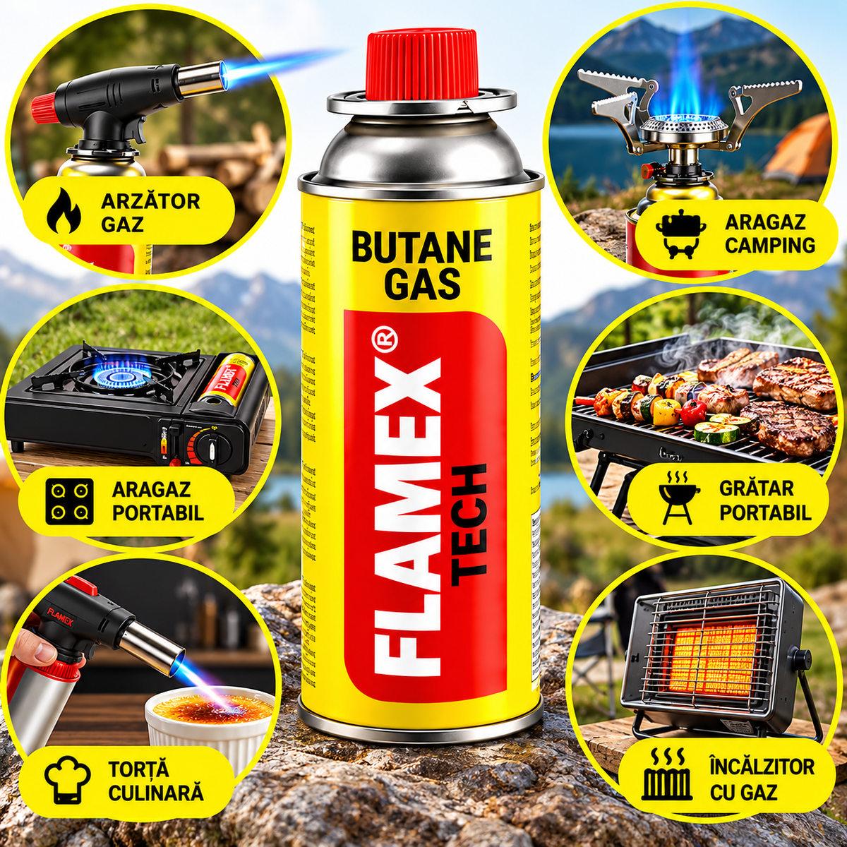 Set 4 Butelii Gaz Butan FLAMEX, 227 g/buc, pentru Aragaz Camping și Arzător, cu 20 Cleme Autoadezive pentru Organizarea și Fixarea Cablurilor, Negru