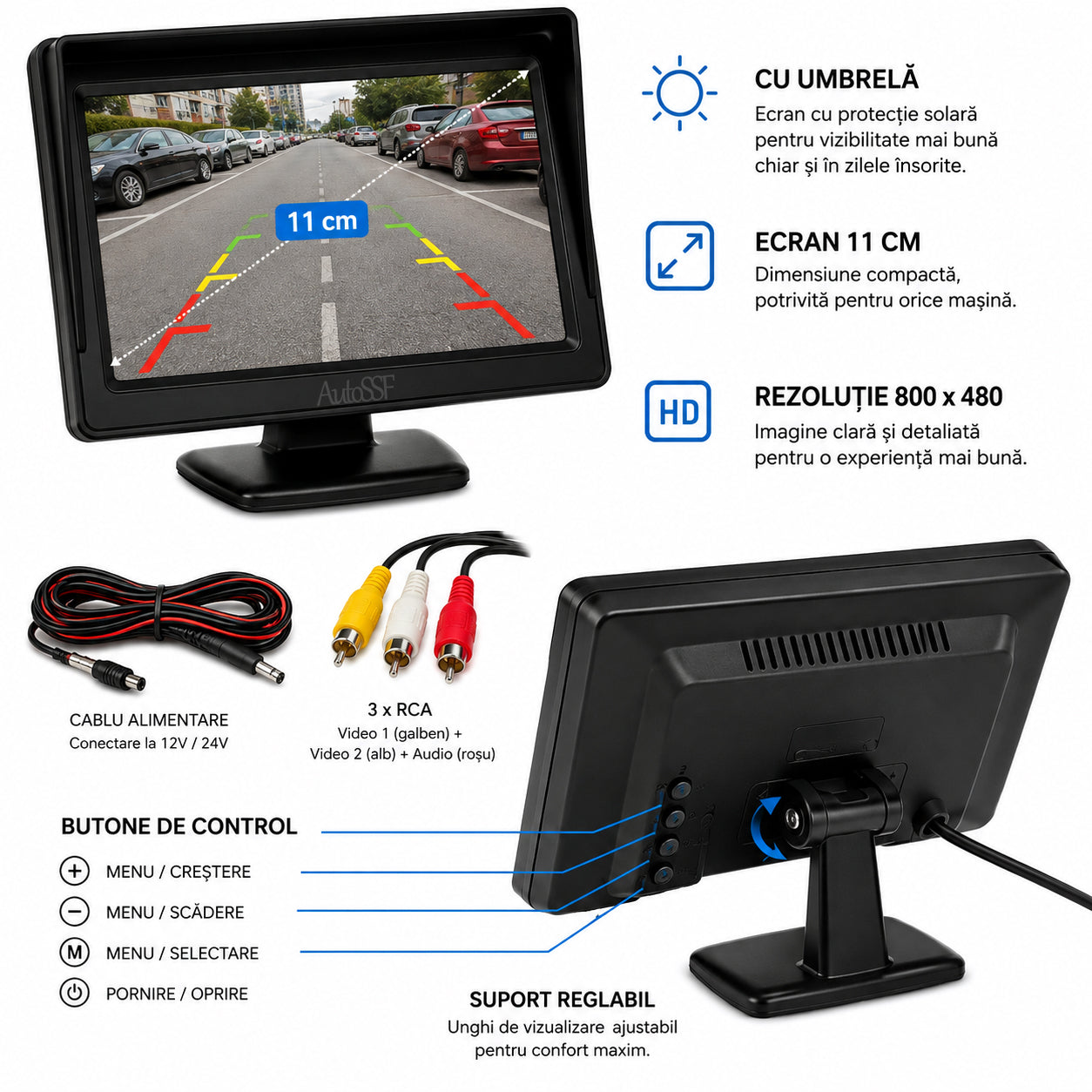 Display Monitor Auto LCD 11 cm, pentru Cameră Marșarier, 1024x600, 12V/24V AutoSSF®