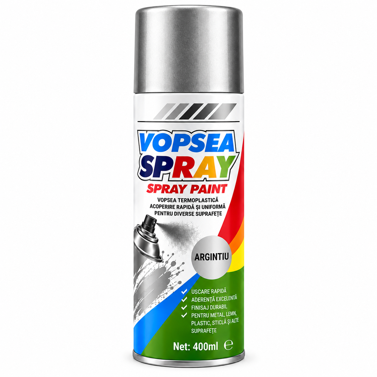 Spray Vopsea Universală Argintiu, 400 ml, pentru Metal, Lemn, Sticlă, Plastic și Diverse Suprafețe