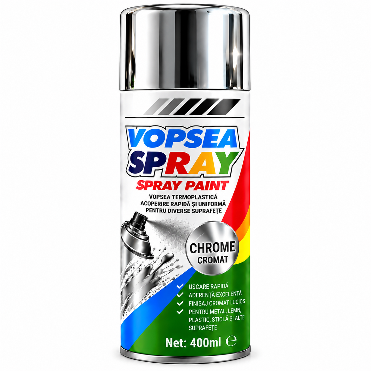 Spray Vopsea Universală Cromat, 400 ml, Efect Chrome, pentru Metal, Lemn, Sticlă, Plastic și Diverse Suprafețe