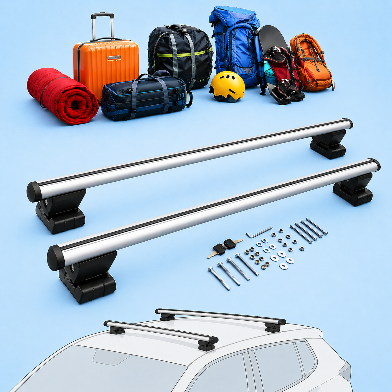 Set bare portbagaj aluminiu, compatibile RENAULT Megane II 2002-2009 Sedan/Hatchback, AutoSSF®️ 009, 120 cm, profil aerodinamic, canal T, antifurt cu cheie, garnituri, sarcina 90 kg