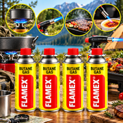 Set 4 Butelii Gaz Butan FLAMEX, 227 g/buc, pentru Aragaz Camping și Arzător, cu 20 Cleme Autoadezive pentru Organizarea și Fixarea Cablurilor, Negru