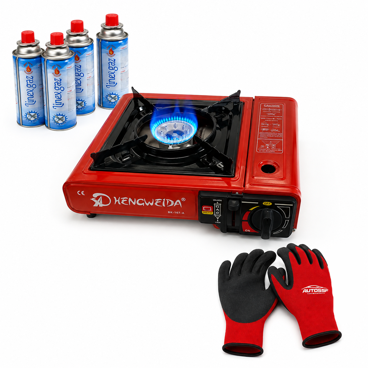 Aragaz Portabil Camping cu Gaz, 4 Butelii 400 ml si Manusi De Protectie AutoSSF, Aprindere Piezo Automata, 2.2 kW