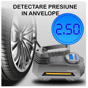 Compresor Auto 12V Dc-150 Psi, Putere nominala 120W, Manometru Digital,3 adaptoare valva incluse, Lanterna Led de urgenta, Silver