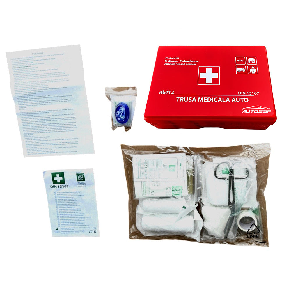 Kit Siguranta Auto cu Trusa de prim ajutor compacta DIN 13167 + Stingator spray 1000 ml cu suport + Triunghi reflectorizant +Vesta reflectorizanta + Geanta transport AutoSSF ®, valabilitate 5 ANI
