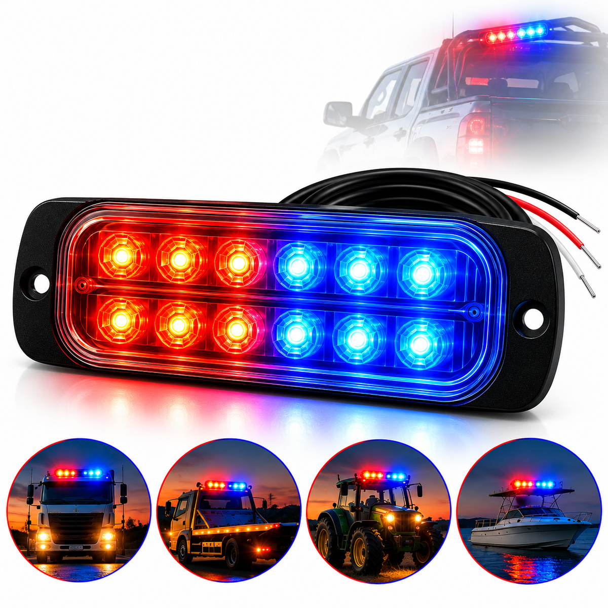 Stroboscop LED Roșu-Albastru, 12 LED-uri, 36W, 1400 Lumeni, 12V–24V, 15 Moduri Flash, IP65, Lumină de Avertizare pentru Platformă Auto, Camion, ATV, Tractor și Utilaje AutoSSF®