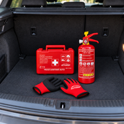 Trusă Medicală Auto DIN 13164 cu Stingător P1 cu Pulbere 1KG și Mănuși de Protecție AutoSSF®