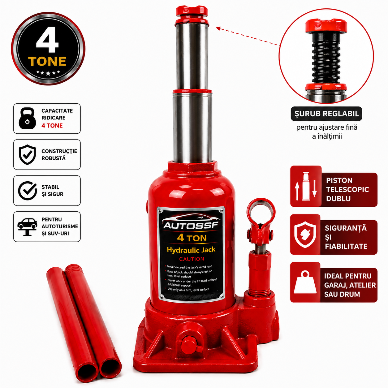 Cric Hidraulic cu 2 Pistoane, Capacitate 4 Tone, Piston Telescopic Dublu, 130–380 mm, AutoSSF®