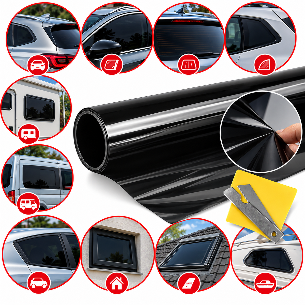 Folie Autoadezivă pentru Geamuri Auto, 5% VLT, Negru Foarte Închis, 300 x 50 cm, Folie Solară pentru Geamuri