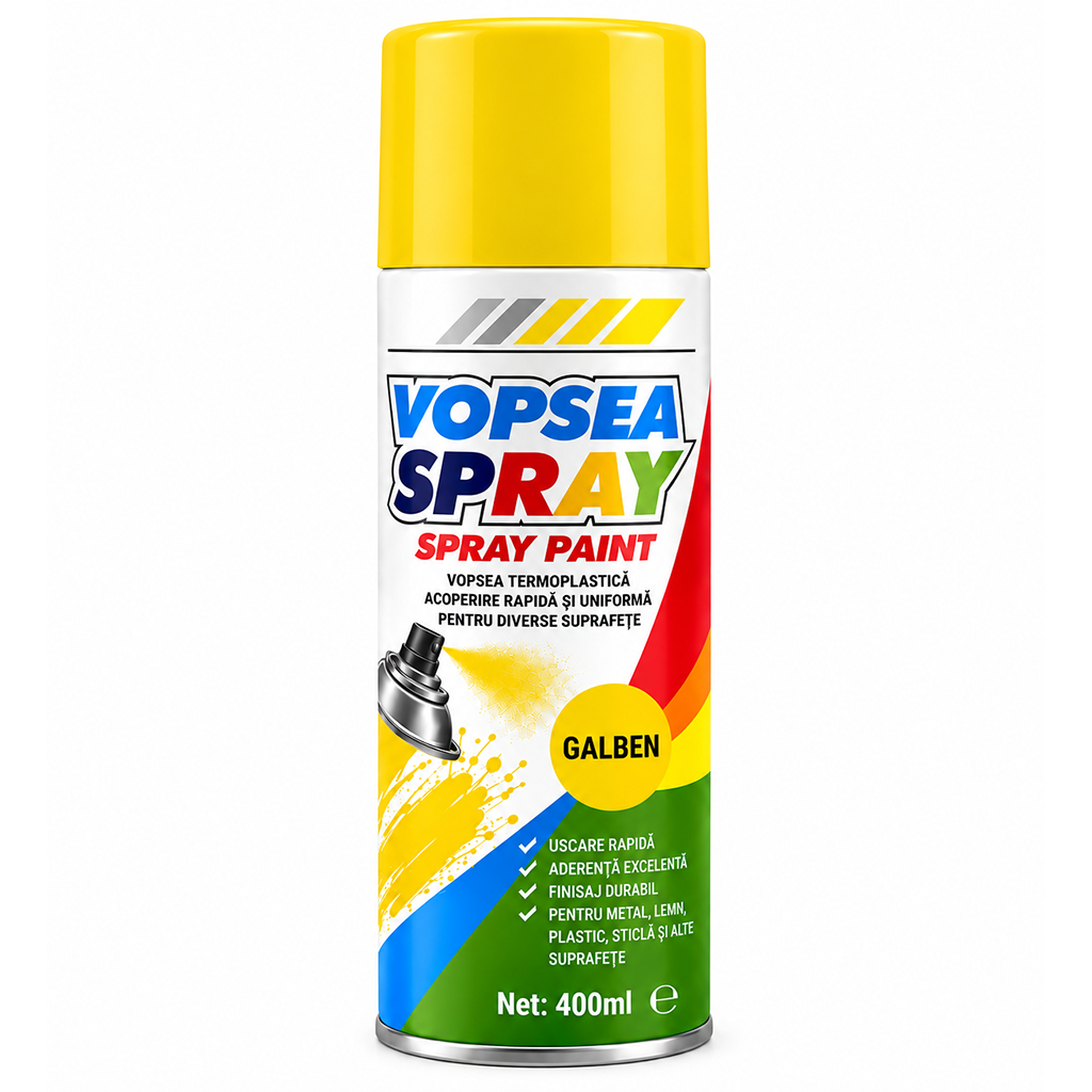 Spray Vopsea Universală Galben, 400 ml, pentru Metal, Lemn, Sticlă, Plastic și Diverse Suprafețe