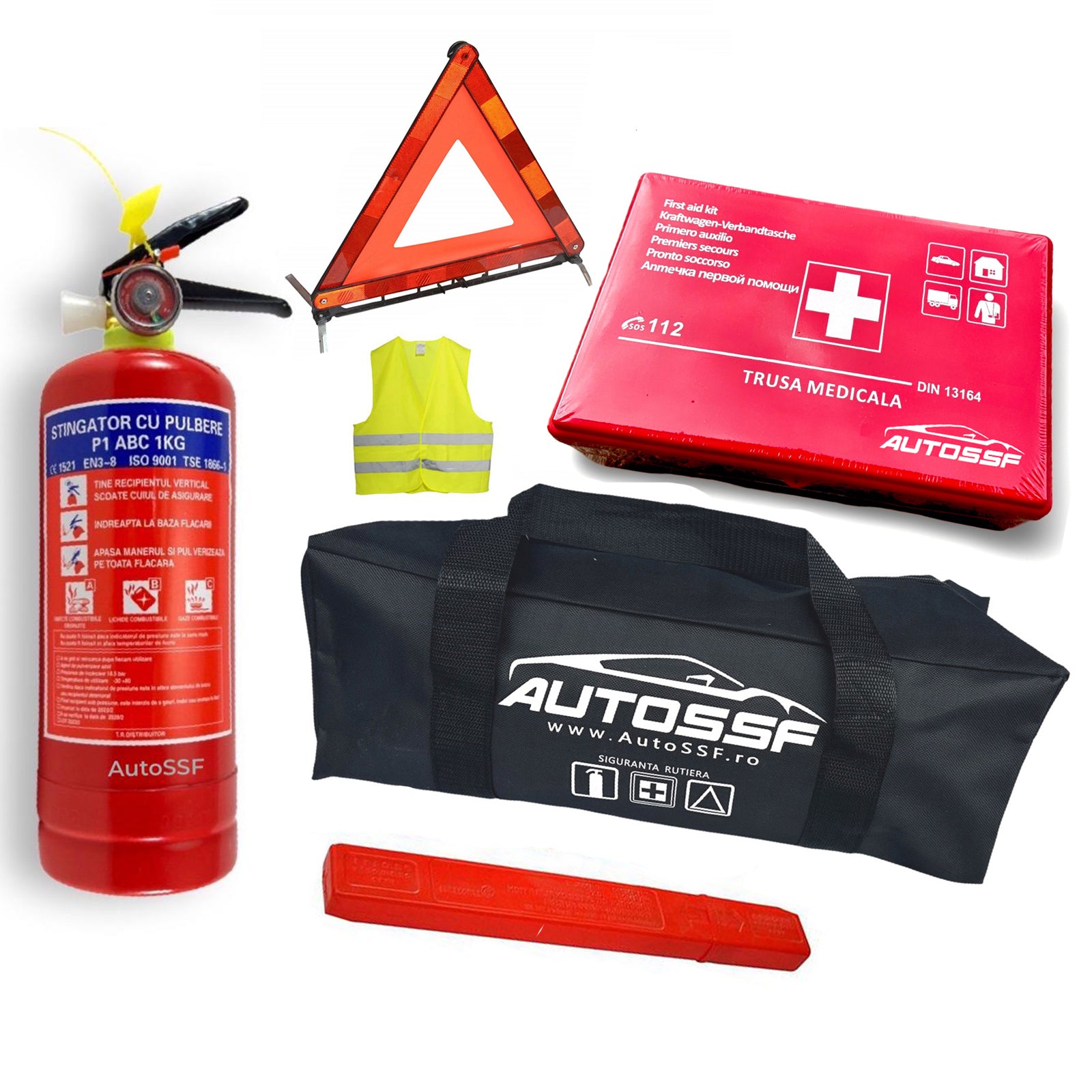 Kit Siguranta Auto cu Trusa de prim ajutor DIN 13164 + Stingator cu pulbre tip P1 + Triunghi reflectorizant +Vesta reflectorizanta + Geanta transport AutoSSF ®, valabilitate 5 ANI