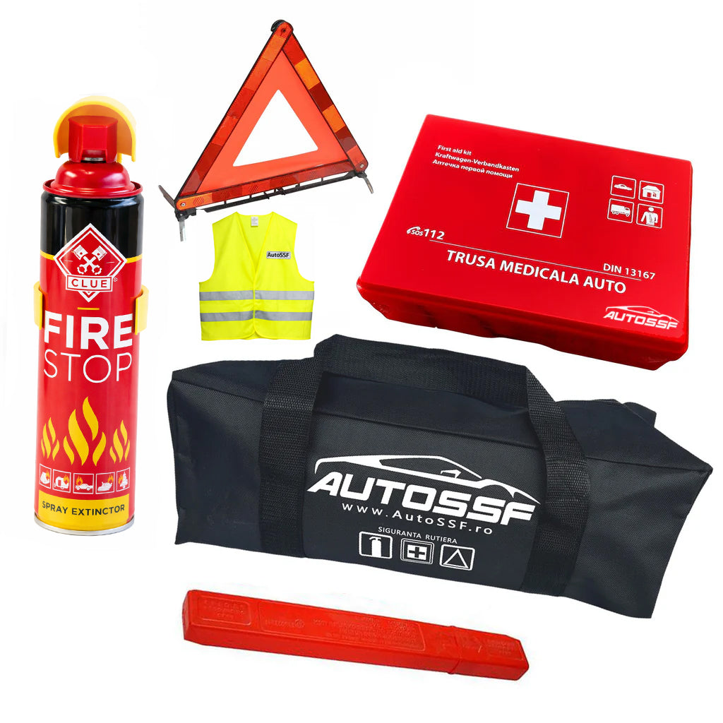 Kit Siguranta Auto cu Trusa de prim ajutor compacta DIN 13167 + Stingator spray 1000 ml cu suport + Triunghi reflectorizant +Vesta reflectorizanta + Geanta transport AutoSSF ®, valabilitate 5 ANI