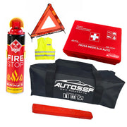 Kit Siguranta Auto cu Trusa de prim ajutor compacta DIN 13167 + Stingator spray 1000 ml cu suport + Triunghi reflectorizant +Vesta reflectorizanta + Geanta transport AutoSSF ®, valabilitate 5 ANI