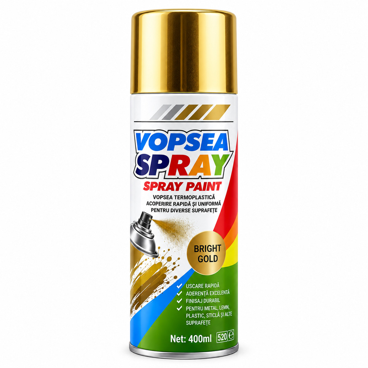 Spray Vopsea Universală Auriu Metalic, 400 ml, pentru Metal, Lemn, Sticlă, Plastic și Diverse Suprafețe
