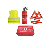 KIT DE SIGURANTA OBLIGATORIU,cu stingator P1,trusa medicala DIN 13164, 2 triunghiuri si vesta reflectorizanta