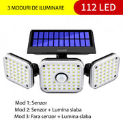 Lampa solara de perete MustWin, 1000 lm, LED, 112 leduri, 3 moduri, incarcare solara si senzor de miscare,
