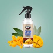 Odorizant auto premium K2 CAYON aroma MANGO, cu pulverizator, 250ml, 700 aplicari