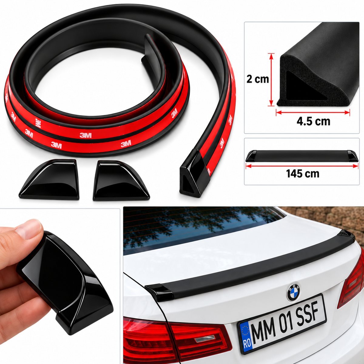 Eleron Auto Universal, Negru Mat, Cauciuc Flexibil, Bandă Adezivă 3M, pentru Portbagaj, 145 x 4,5 x 2 cm, L size