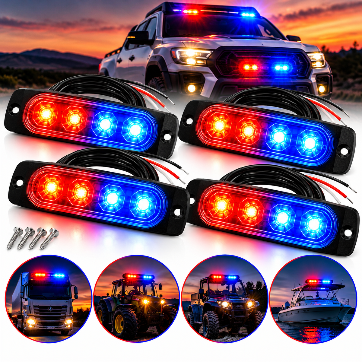 Set 4 Stroboscoape LED Roșu-Albastru, 6 LED-uri/Bucată, 24 LED-uri Total, 72W, 12V–24V, 15 Moduri Flash, IP65, Lumini de Avertizare pentru Camion, Platformă Auto, ATV și Utilaje