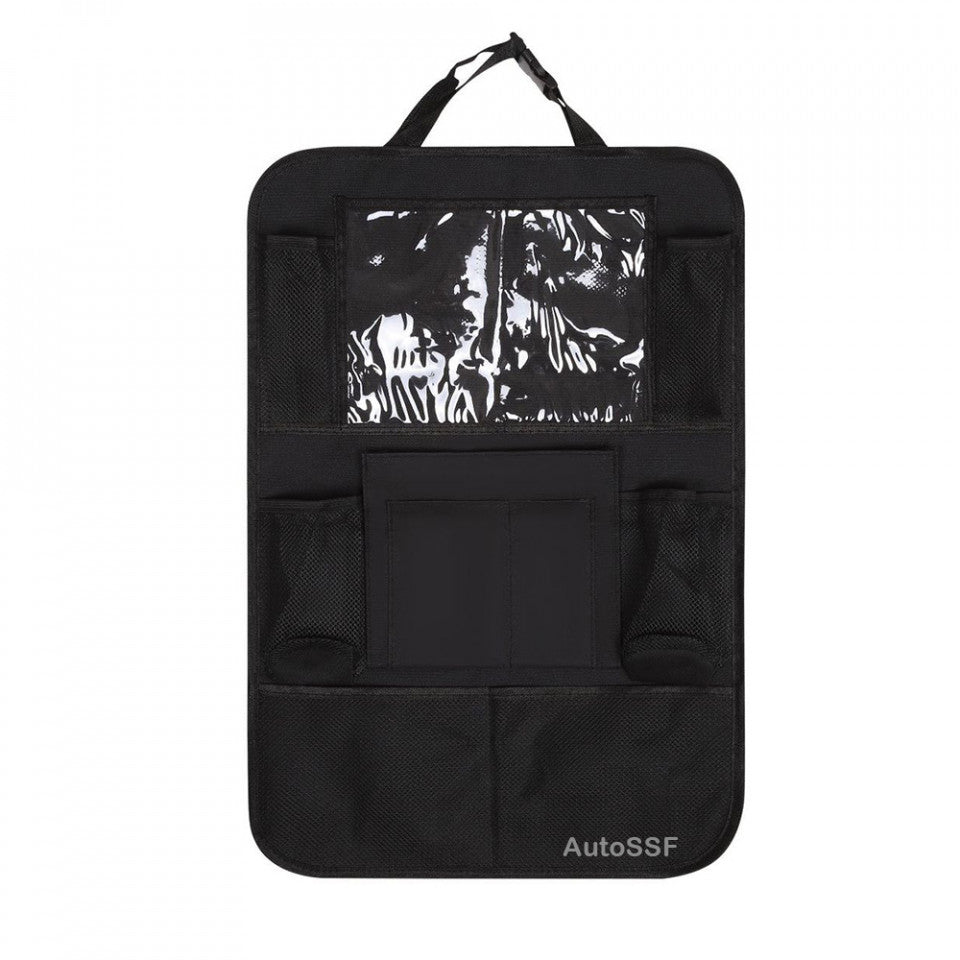 Organizator Lucruri Montat pe Scaun Auto, Compatibil cu Orice Masina, Suport de Tableta si Sticle , Negru