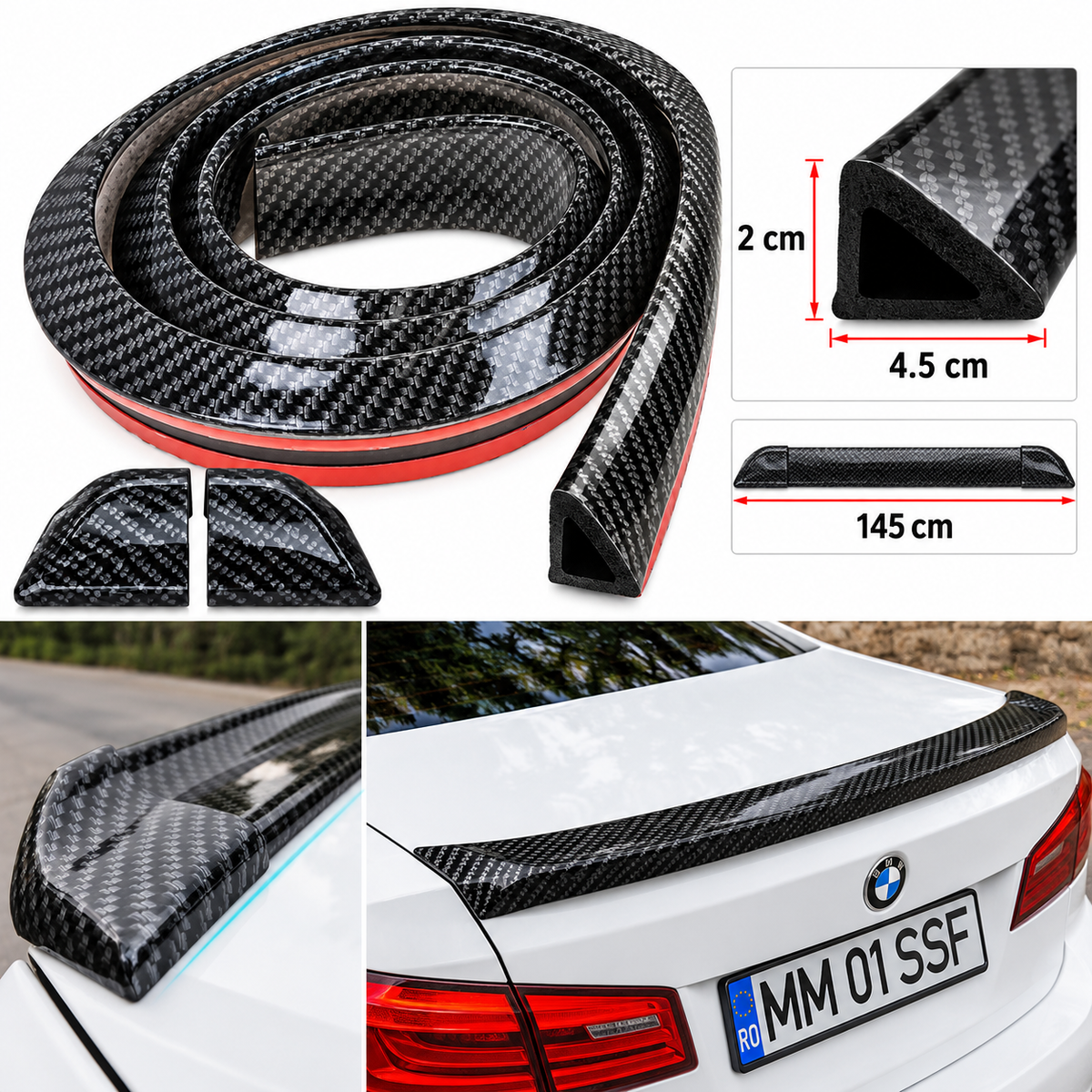 Eleron Auto Universal M Design, Aspect Carbon, Cauciuc Flexibil, Bandă Adezivă 3M, pentru Portbagaj, 145 x 4,5 x 2 cm, L Size