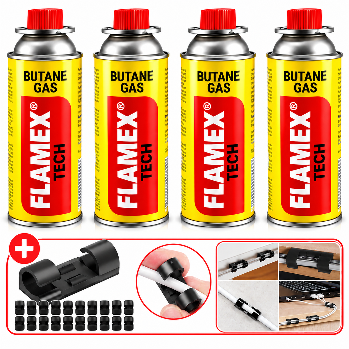 Set 4 Butelii Gaz Butan FLAMEX, 227 g/buc, pentru Aragaz Camping și Arzător, cu 20 Cleme Autoadezive pentru Organizarea și Fixarea Cablurilor, Negru
