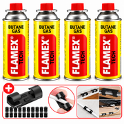 Set 4 Butelii Gaz Butan FLAMEX, 227 g/buc, pentru Aragaz Camping și Arzător, cu 20 Cleme Autoadezive pentru Organizarea și Fixarea Cablurilor, Negru