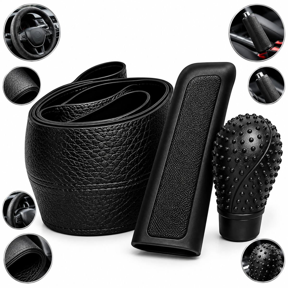 Set Huse Auto 3 Piese pentru Volan, Nucă Schimbător și Frână de Mână, Protecție Interior, Negru