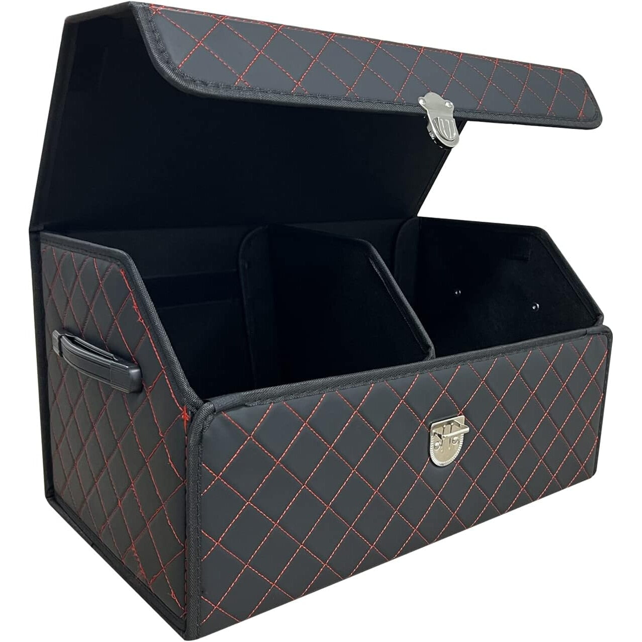 Organizator portbagaj auto Premium AutoSSF®️, Multifunctional, Pliabil, Rezistent, Manere Laterale, Prindere cu catarame, 2 compartimente mari, 53x31x30 cm, Rosu Negru