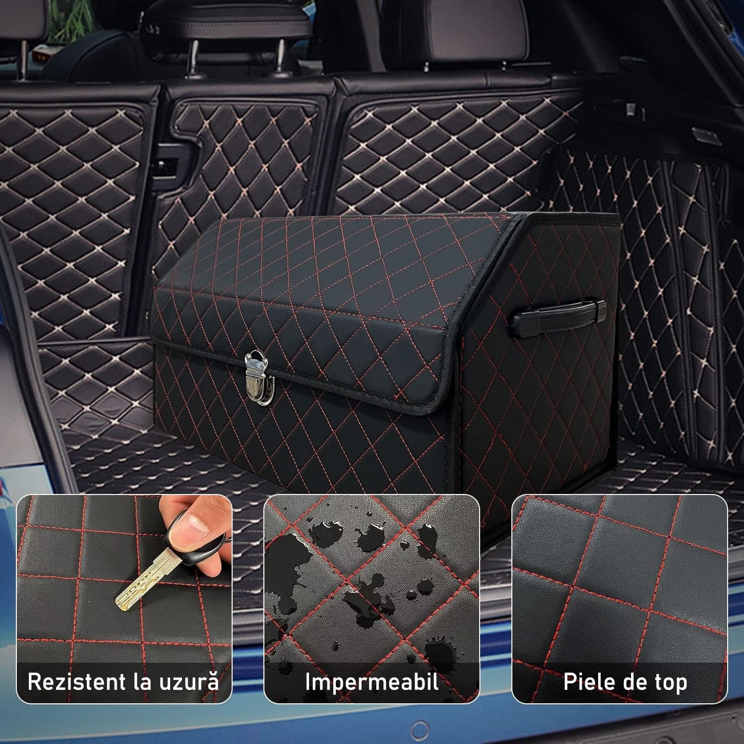 Organizator portbagaj auto Premium AutoSSF®️, Multifunctional, Pliabil, Rezistent, Manere Laterale, Prindere cu catarame, 2 compartimente mari, 53x31x30 cm, Rosu Negru