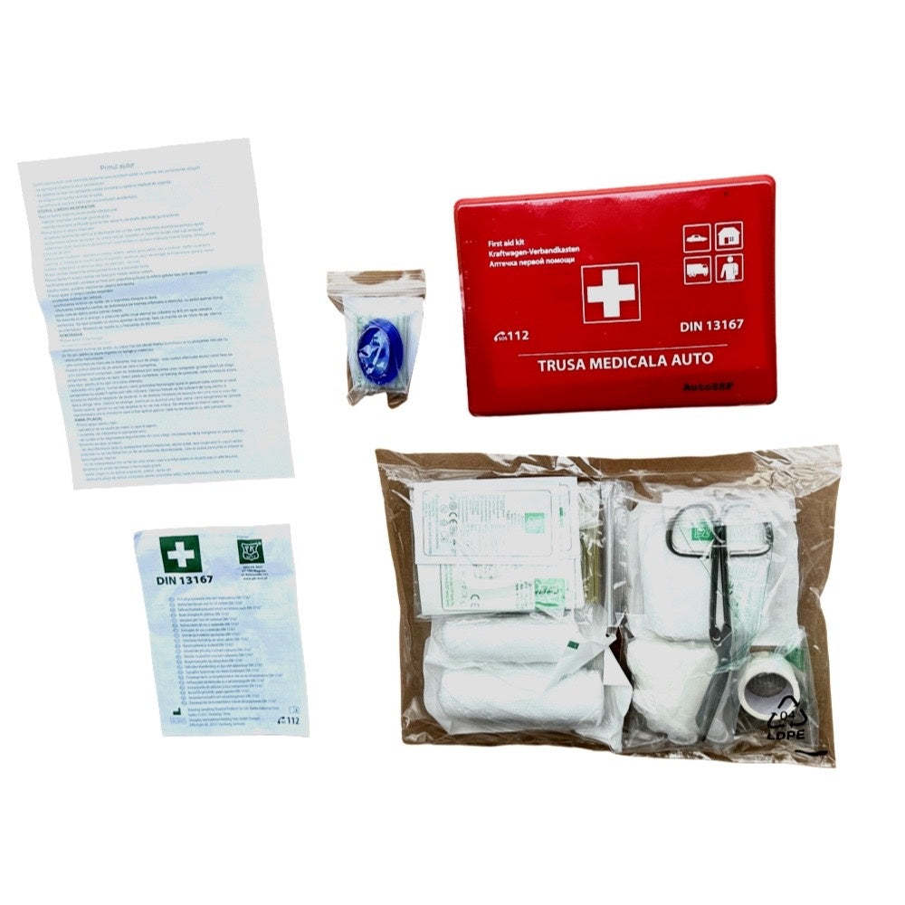Set Trusă Auto DIN13167 + Stingător Spray 1000ml | 5 Ani – Autossf