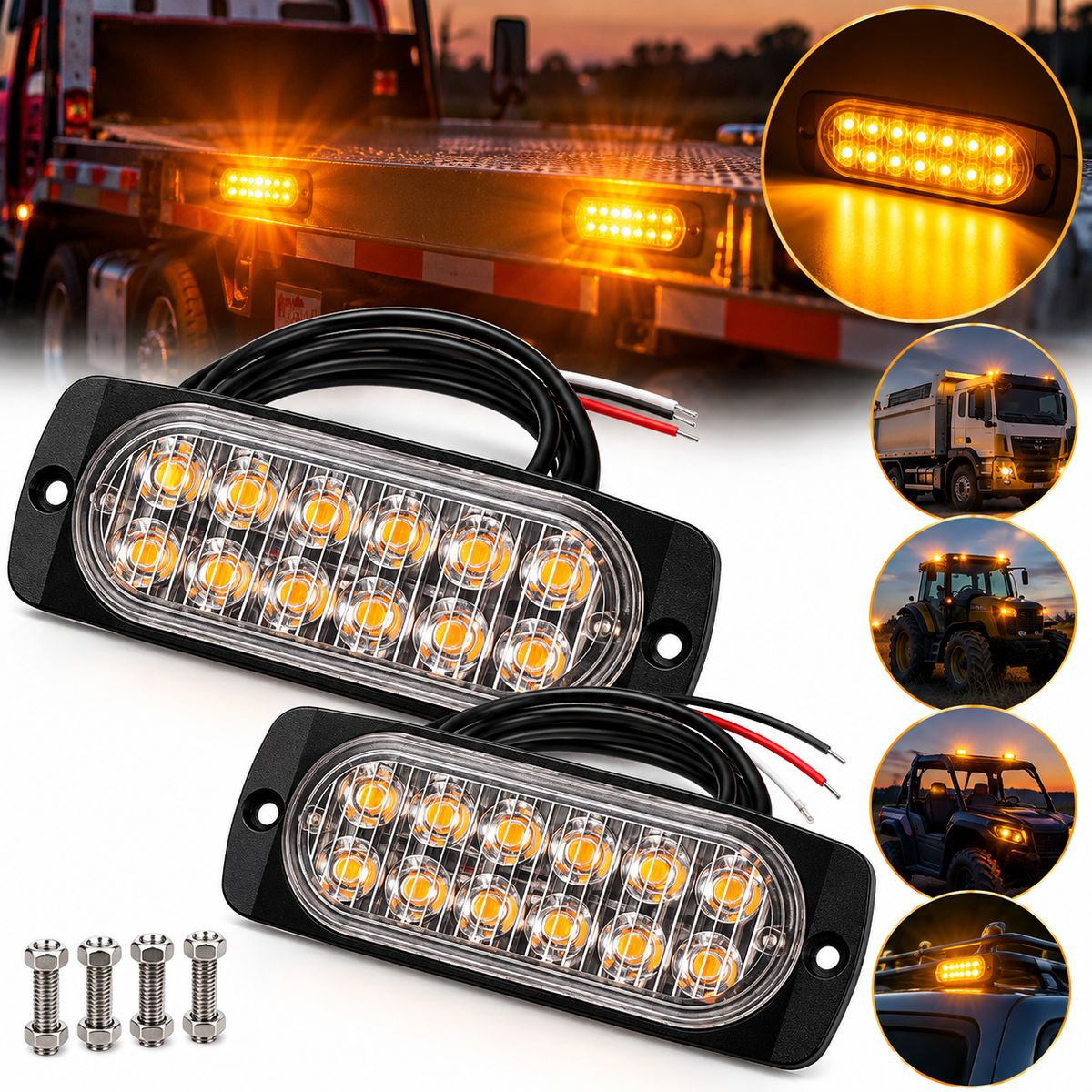 Set 2 Stroboscoape LED Galbene, 12 LED-uri/Bucată, 24 LED-uri Total, 12V–24V, 15 Moduri Flash, IP65, Lumini de Avertizare pentru Camion, Platformă Auto, ATV, Tractor și Utilaje