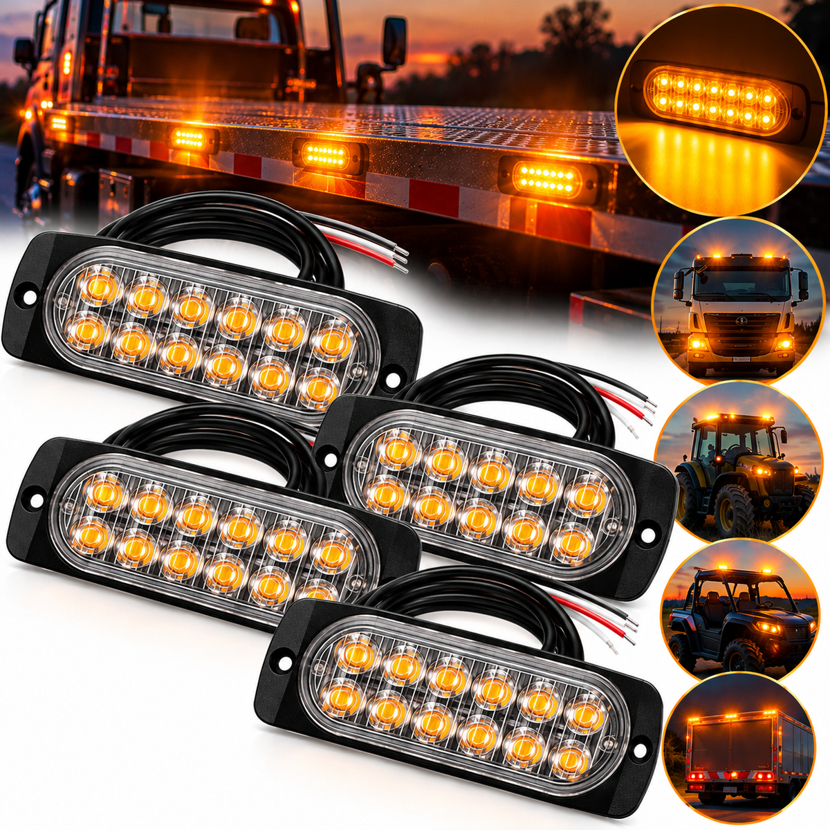 Set 4 Stroboscoape LED Galbene, 12 LED-uri/Bucată, 24 LED-uri Total, 12V–24V, 15 Moduri Flash, IP65, Lumini de Avertizare pentru Camion, Platformă Auto, ATV, Tractor și Utilaje