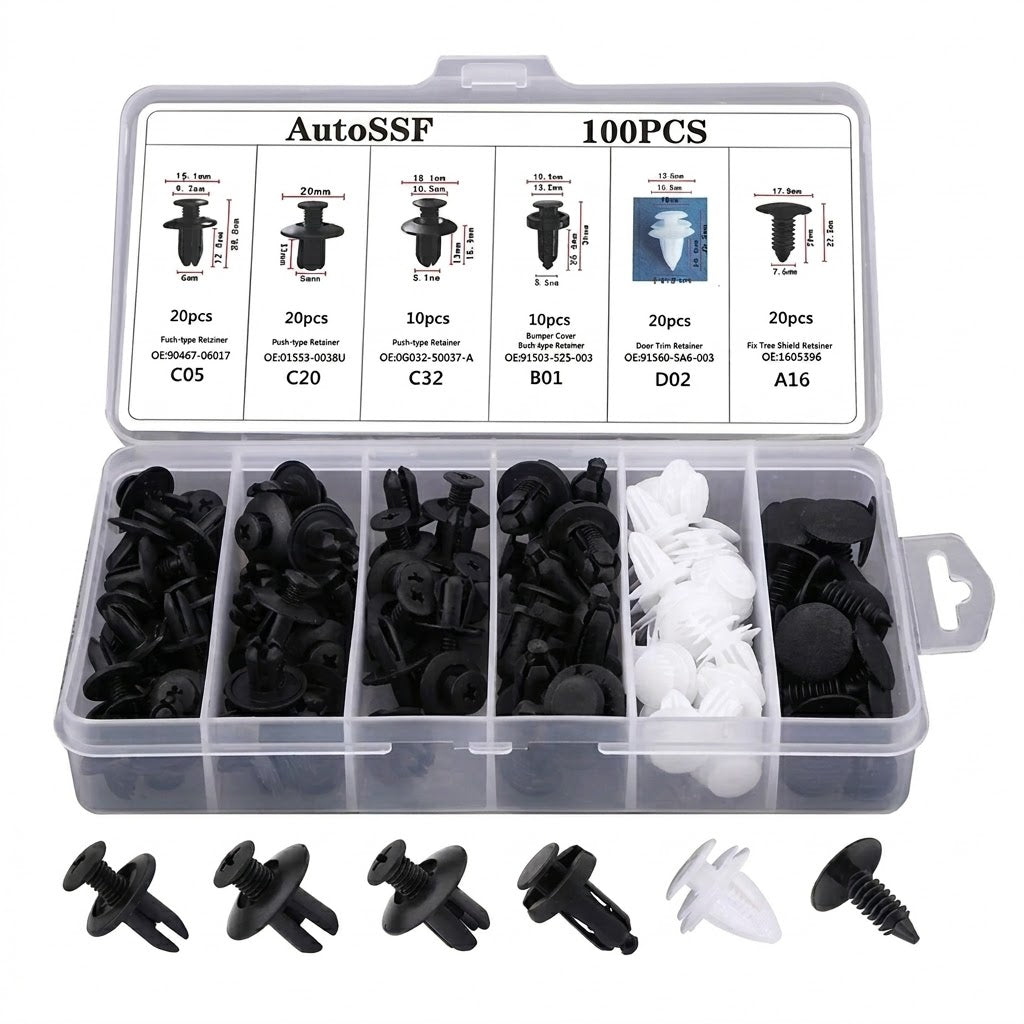 Set 100 clipsuri cleme auto de fixare 6 dimensiuni universale plastic