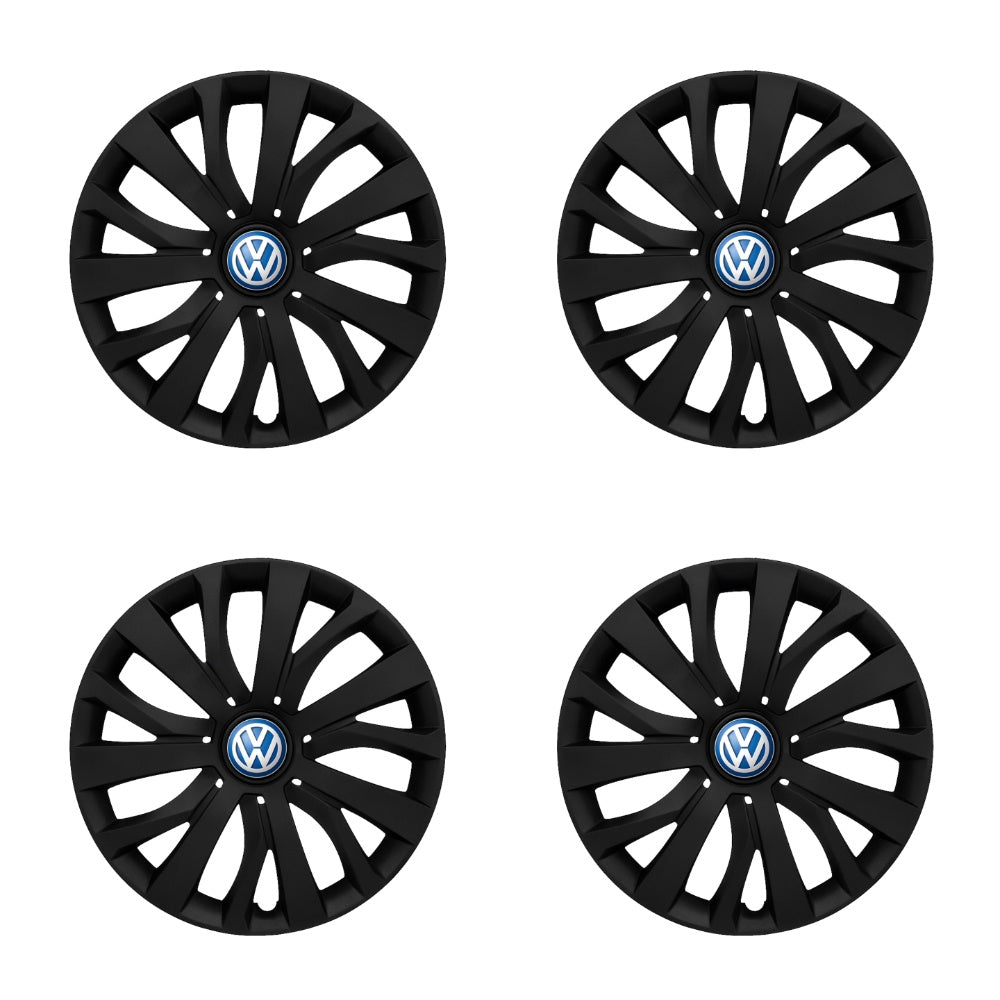 Set 4 capace roti potrivite jantelor de 16 inch compatibile Volkswagen, Model - 432 Black Edition, Sigla Albastra