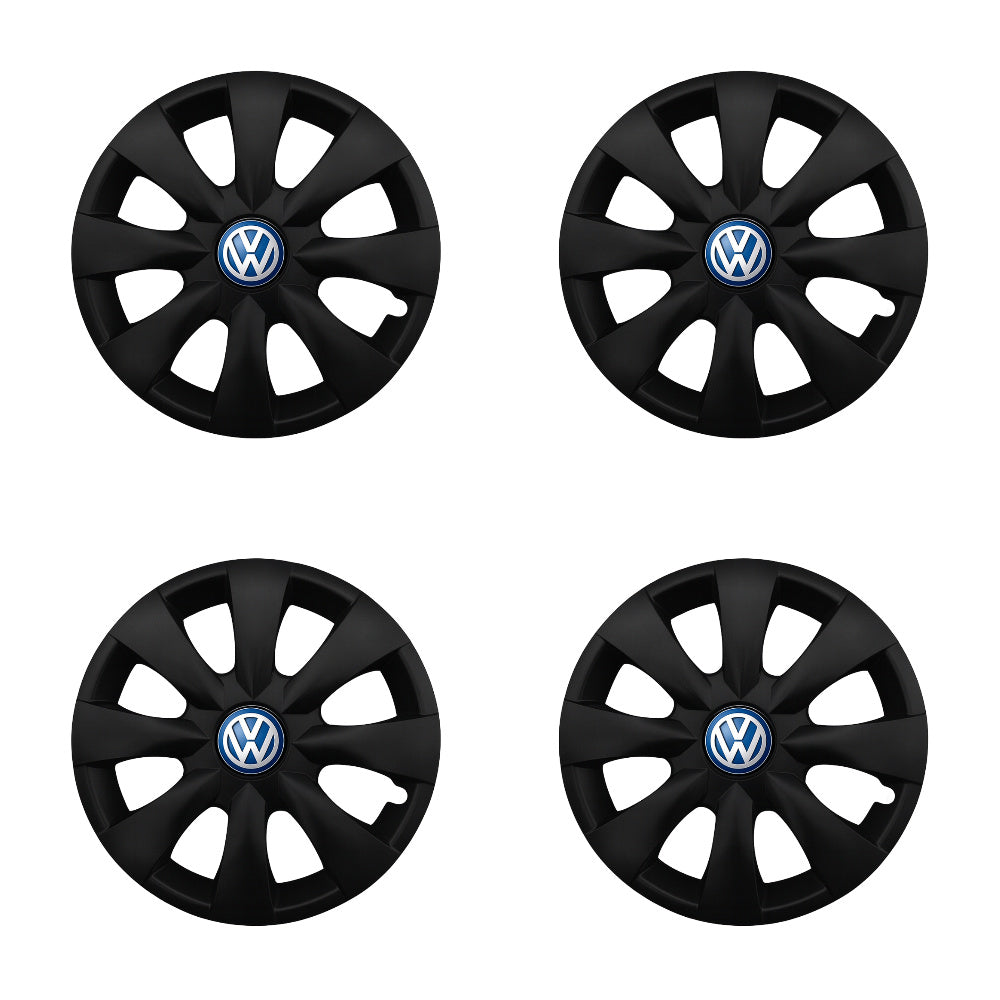 Set 4 capace roti potrivite jantelor de 15 inch compatibile VOLKSWAGEN, Model - 316 Black Edition, Sigla Albastra